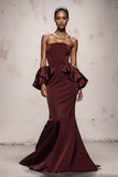 Burgundy Satin Strapless Mermaid Long Evening Dress with Ruffles