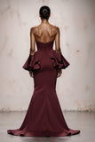 Burgundy Satin Strapless Mermaid Long Evening Dress with Ruffles