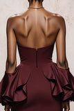 Burgundy Satin Strapless Mermaid Long Evening Dress with Ruffles
