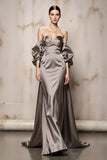 Sliver Satin Long Off the Shoulder Formal Dress with Sleeves