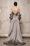 Sliver Satin Long Off the Shoulder Formal Dress with Sleeves