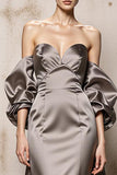 Sliver Satin Long Off the Shoulder Formal Dress with Sleeves