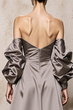 Sliver Satin Long Off the Shoulder Formal Dress with Sleeves