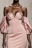Light Pink Satin Mermaid Maxi Formal Dress with Sleeves