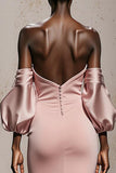 Light Pink Satin Mermaid Maxi Formal Dress with Sleeves