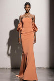 Orange Satin Mermaid Long Formal Dress with Sleeves
