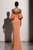 Orange Satin Mermaid Long Formal Dress with Sleeves