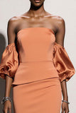 Orange Satin Mermaid Long Formal Dress with Sleeves
