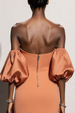 Orange Satin Mermaid Long Formal Dress with Sleeves