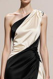 Black and White Satin Sheath One Shoulder Maxi Formal Dress