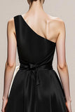 Black and White Satin Sheath One Shoulder Maxi Formal Dress