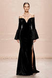Black Mermaid Long Sleeves Velvet Formal Dress with Slit