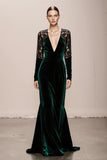 Dark Green Mermaid V-Neck Velvet Long Formal Dress with Lace