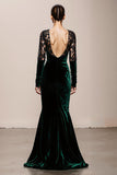 Dark Green Mermaid V-Neck Velvet Long Formal Dress with Lace