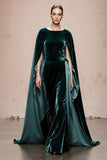 Dark Green Velvet Boat Neck Maxi Formal Dress with Cape