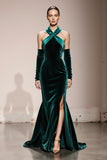 Dark Green Velvet Mermaid Long Halter Formal Dress with Slit