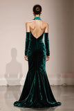 Dark Green Velvet Mermaid Long Halter Formal Dress with Slit