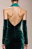 Dark Green Velvet Mermaid Long Halter Formal Dress with Slit