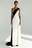 Black and White Sheath One Shoulder Maxi Formal Dress with Slit