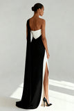 Black and White Sheath One Shoulder Maxi Formal Dress with Slit