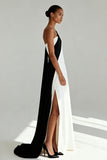 Black and White Sheath One Shoulder Maxi Formal Dress with Slit