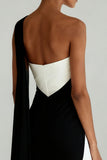 Black and White Sheath One Shoulder Maxi Formal Dress with Slit