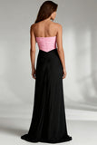 Black and Pink Strapless Ruched Satin Long Formal Dress