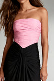 Black and Pink Strapless Ruched Satin Long Formal Dress