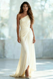 Ivory Ruched Sheath Chiffon One Shoulder Long Formal Dress