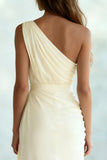 Ivory Ruched Sheath Chiffon One Shoulder Long Formal Dress