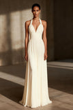 Ivory Sheath Chiffon Ruched Halter Long Formal Dress
