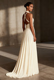 Ivory Sheath Chiffon Ruched Halter Long Formal Dress