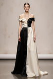 Black and White Patchwork Satin A Line Long Formal Dress