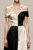 Black and White Patchwork Satin A Line Long Formal Dress