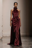 Simple Burgundy Satin Halter Neck Long Formal Dress