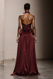 Simple Burgundy Satin Halter Neck Long Formal Dress