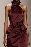Simple Burgundy Satin Halter Neck Long Formal Dress