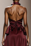 Simple Burgundy Satin Halter Neck Long Formal Dress
