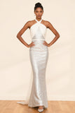Sparkly White Halter Mermaid Sequins Long Formal Dress