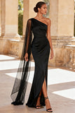 Black Satin One Shoulder Mermaid Long Formal Dress with Slit