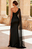 Black Satin One Shoulder Mermaid Long Formal Dress with Slit