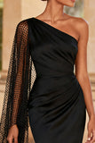 Black Satin One Shoulder Mermaid Long Formal Dress with Slit