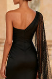 Black Satin One Shoulder Mermaid Long Formal Dress with Slit