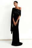 Black Mermaid Satin One Shoulder Maxi Formal Dress with Side Cape