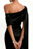Black Mermaid Satin One Shoulder Maxi Formal Dress with Side Cape