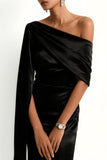 Black Mermaid Satin One Shoulder Maxi Formal Dress with Side Cape