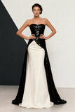 Sparkly Sequin Black and White Mermaid Strapless Long Formal Dress