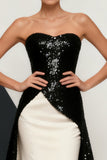 Sparkly Sequin Black and White Mermaid Strapless Long Formal Dress
