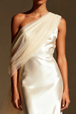 White Satin Mermaid One Shoulder Long Formal Dress with Side Cape