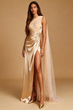 Champagne Mermaid Satin One Shoulder Ruched Long Formal Dress with Slit